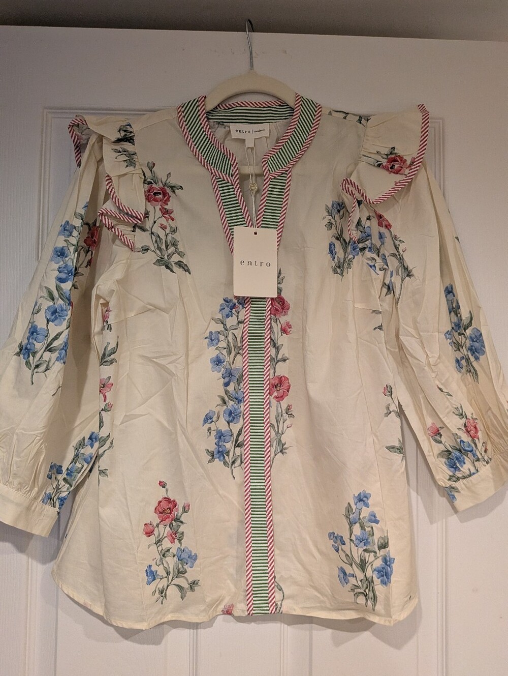 entro Cream Floral Ruffle Trim Blouse with Striped Accents